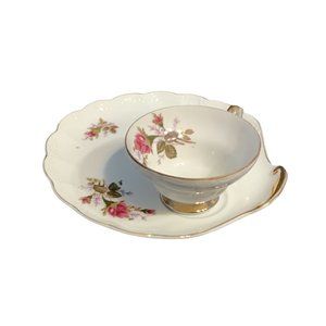 Vintage  Desert Plate & Tea Cup Gold Trimmed China Sandwich Floral Roses Pink